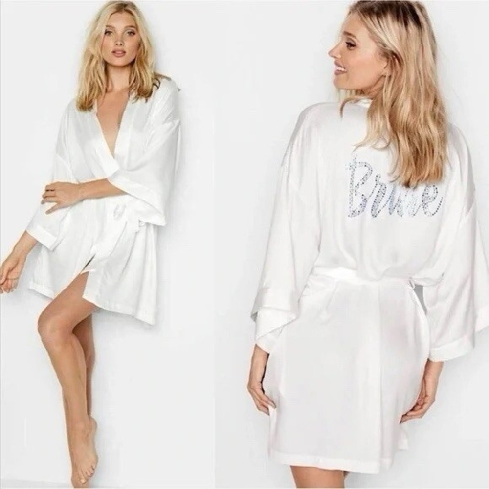 VICTORIA’S SECRET White Satin Bridal Wrap Kimono Robe Bride Blue Crystals OS S M
